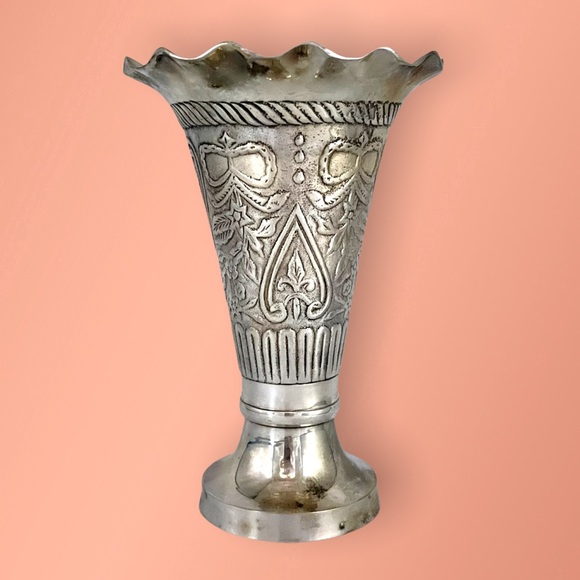 Vintage Embossed Nickel Silver/White Brass Ruffled Rim Fluted Vase